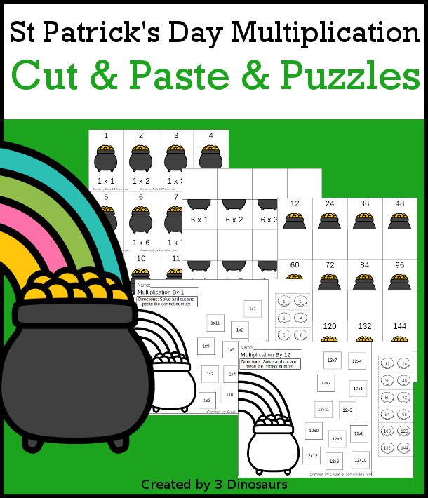 St. Patrick's Day Multiplication Cut & Paste and Matching with cut and paste worksheets for multiplication with numbers 1 to 12 and puzzles and matching mats  - 3Dinosaurs.com
