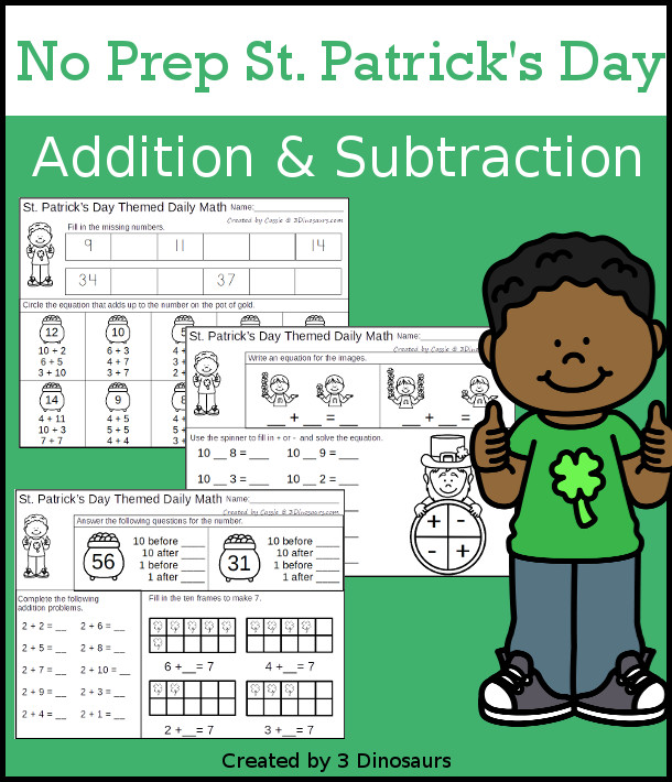 No Prep St. Patrick's Day Themed Addition & Subtraction - 30 pages no-prep printables with a mix of addition and subtraction activities plus a math center activity - 3Dinosaurs.com #noprepmath #tpt #addition #stpatricksday #subtraction