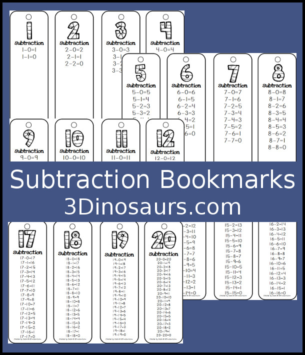 Free Subtraction Bookmarks - Numbers 1 to 20 - 3Dinosaurs.com