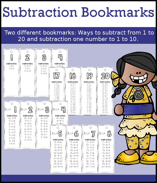 Subtraction Bookmark Set has two types of subtraction bookmarks with ways to subtract and subtracting a single number.  3Dinosaurs.com