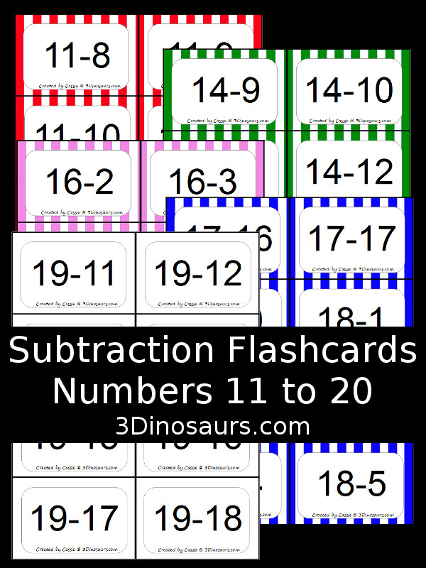 Free Subtraction Flash Cards - 5 colors options numbers 11 to 20 - 8 flashcards on each page just print and use the color you want to work on subtracting from 11 to 20. 3Dinosaurs.com
