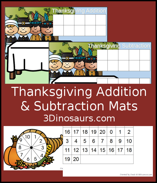 Free Thanksgiving Themed Addition & Subtraction Mats: adding or subtracting using numbers 1 to 10 - 3Dinosaurs.com