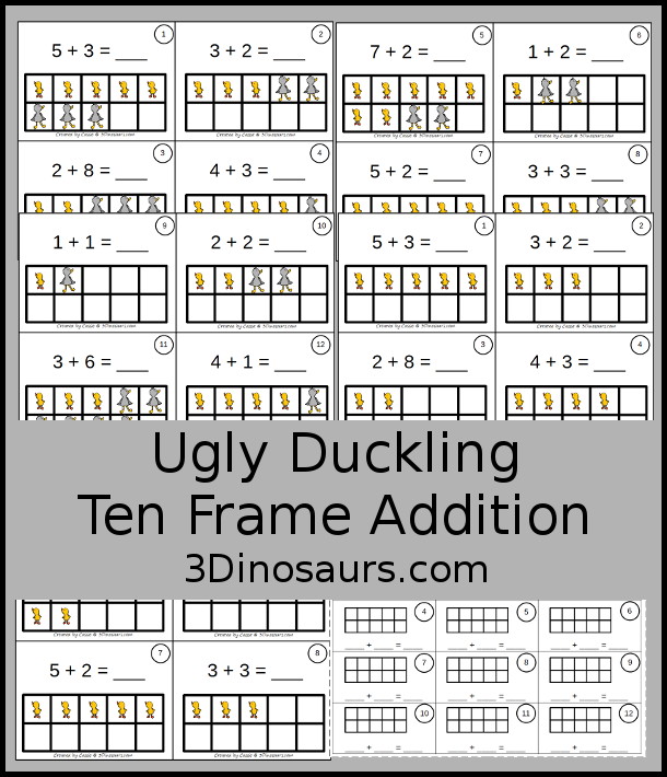 Free Ugly Duckling Ten Frame Addition 1 to 10 with part of ten frame filled out and partly filled out with a recording sheet that can be used the ten frame addition cards - 3Dinosaurs.com