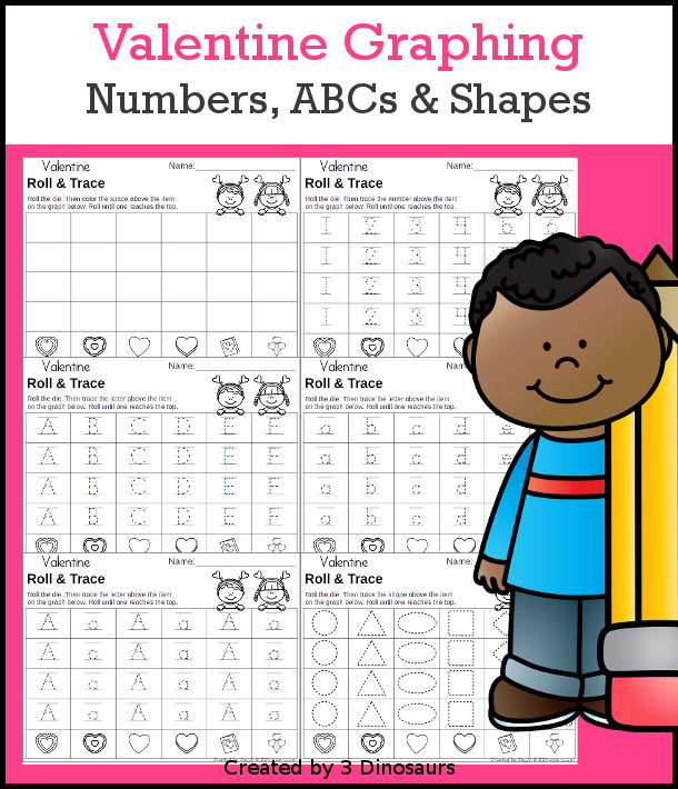Valentine Roll & Graph With Trace Letters, Numbers & Shapes with a folding die and cube die with a graphing sheet, graphing with tracing numbers, graphing with tracing letters and graphing with tracing shapes. All with a fun heart theme for Valentines Day for prek and kindergarten - 3Dinosaurs.com