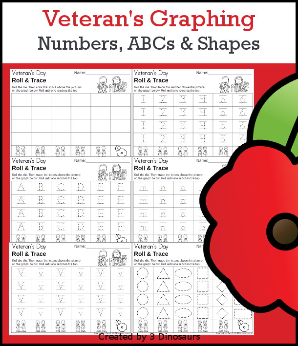 Veteran's Day Roll & Graph With Trace Letters, Numbers & Shapes with a folding die and cube die with a graphing sheet, graphing with tracing numbers, graphing with tracing letters and graphing with tracing shapes. All with a fun military theme for Veteran's Day for prek and kindergarten - 3Dinosaurs.com