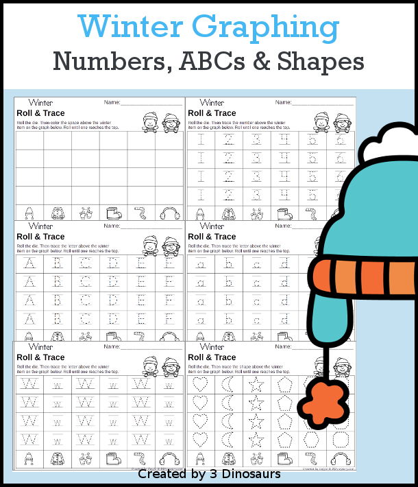 Winter Roll & Graph With Trace Letters, Numbers & Shapes with a folding die and cube die with a graphing sheet, graphing with tracing numbers, graphing with tracing letters and graphing with tracing shapes. All with a fun winter clothes theme for winter for prek and kindergarten - 3Dinosaurs.com