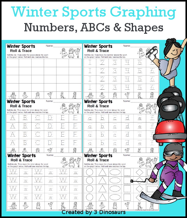 Winter Sports Roll & Graph With Trace Letters, Numbers & Shapes with a folding die and cube die with a graphing sheet, graphing with tracing numbers, graphing with tracing letters and graphing with tracing shapes. All with a fun sport theme for winter for prek and kindergarten - 3Dinosaurs.com