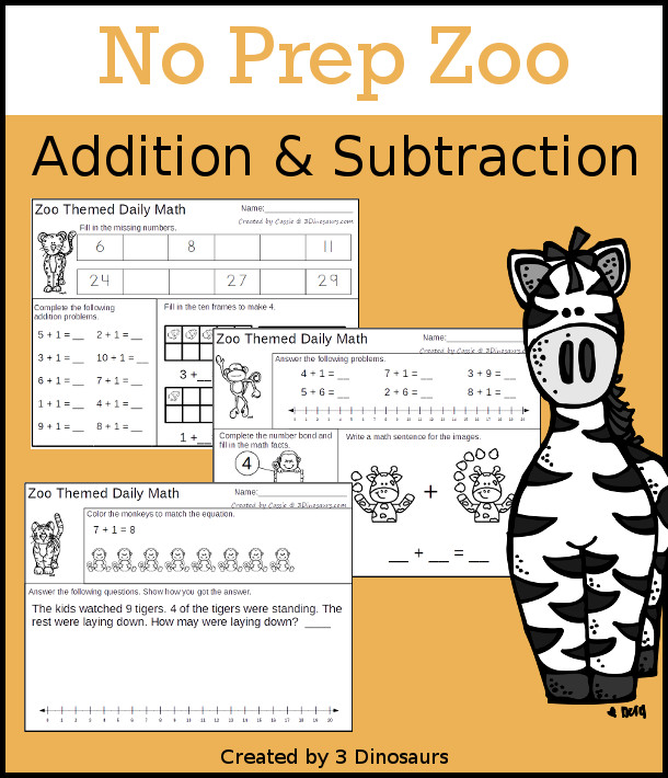 No Prep Zoo Themed Addition & Subtraction - 30 pages no-prep printables with a mix of addition and subtraction activities plus a math center activity - 3Dinosaurs.com #noprepmath #tpt #addition #subtraction