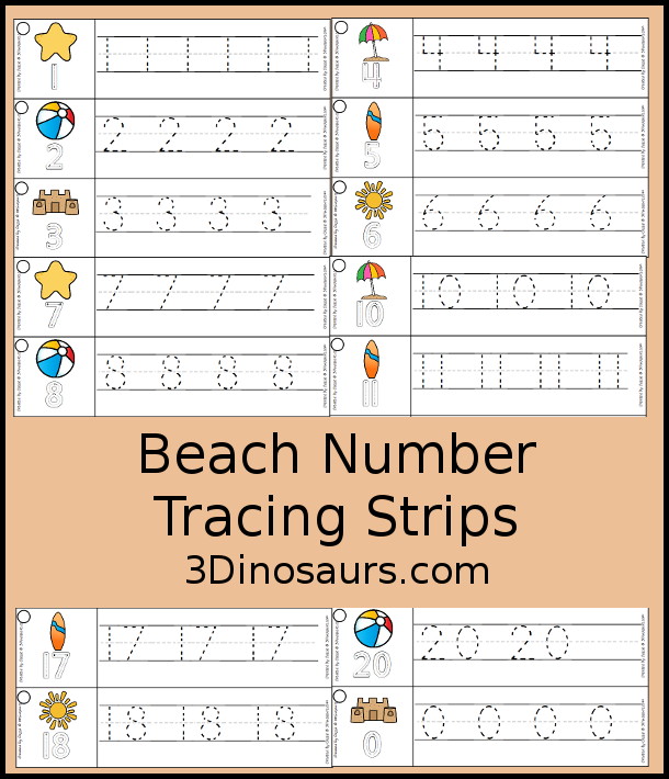 Free Beach Number Tracing Strips - with numbers 0 to 20. You can tracing the numbers and an example of how to trace the numbers on the strips, plus an beach themes on each tracing strip. - 3Dinosaurs.com
