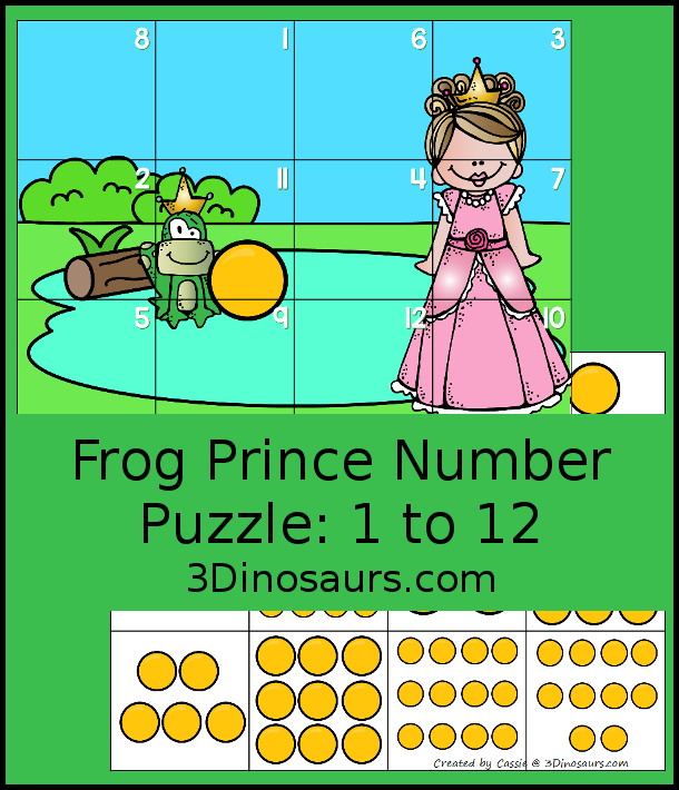 Free Frog Prince Number Puzzle Printable - a 12 piece puzzles that has counting numbers from 1 to 12. You count the golden balls and then have a matching number puzzle. A fun Frog Prince, Pond and Princess puzzle for kids in prek and kindergarten. 3Dinosaurs.com