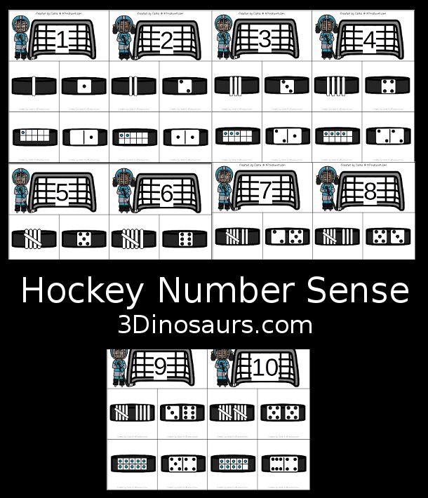 Free Hockey Number Sense from 1 to 10 with matching several different number types to the numerical number including goals, hockey pucks with tally marks, dominos, ten frames, and dice for the numbers - 3Dinosaurs.com