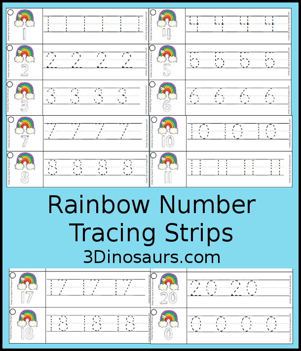 Free Rainbow Number Tracing Strips - with numbers 0 to 20. You can tracing the numbers and an example of how to trace the numbers on the strips, plus an rainbow on each tracing strip. - 3Dinosaurs.com