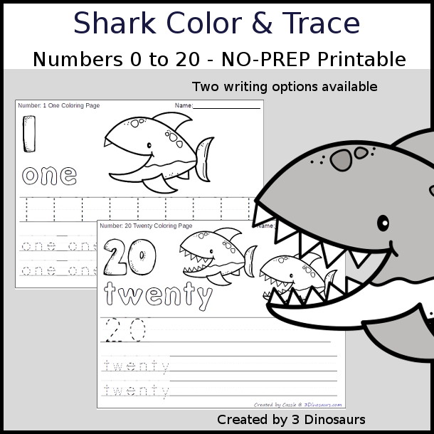 No-Prep Shark Number Color and Trace - easy no-prep printables with a fun shark teeth counting - 44 pages with two options for the numbers tracing or writing $ - 3Dinosaurs.com #noprepprintable #sharkprintables #numbersforkids