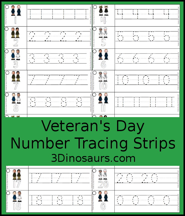 Free Veteran's Day Number Tracing Strips - with numbers 0 to 20. You can tracing the numbers and an example of how to trace the numbers on the strips, plus a military theme on each tracing strip. - 3Dinosaurs.com