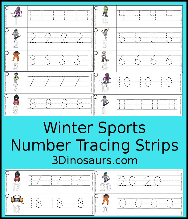Free Winter Sports Number Tracing Strips - with numbers 0 to 20. You can tracing the numbers and an example of how to trace the numbers on the strips, plus a different winter sports on each tracing strip. - 3Dinosaurs.com