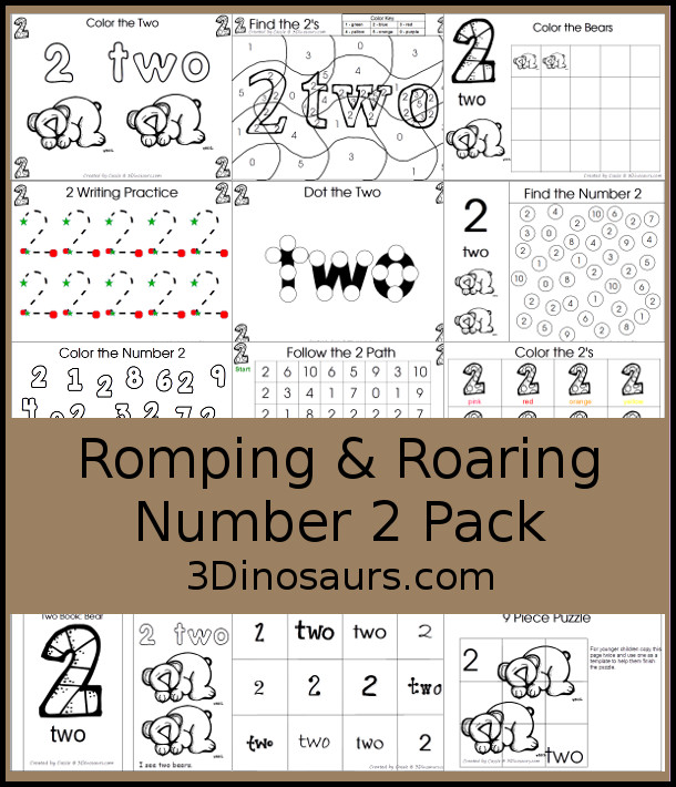 Free Romping and Roaring Number 2 Pack - with number 2 worksheets, number 2 puzzles, number 2 handwriting, number 2 dot marker worksheets and more for PreK and kindergarten age kids with a bear theme.  - 3Dinosaurs.com