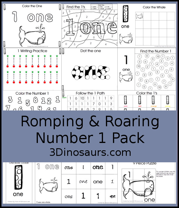 Free Romping and Roaring Number 1 Pack - with number 1 worksheets, number 1 puzzles, number 1 handwriting, number 1 dot marker worksheets and more for PreK and kindergarten age kids with a whale theme.  - 3Dinosaurs.com