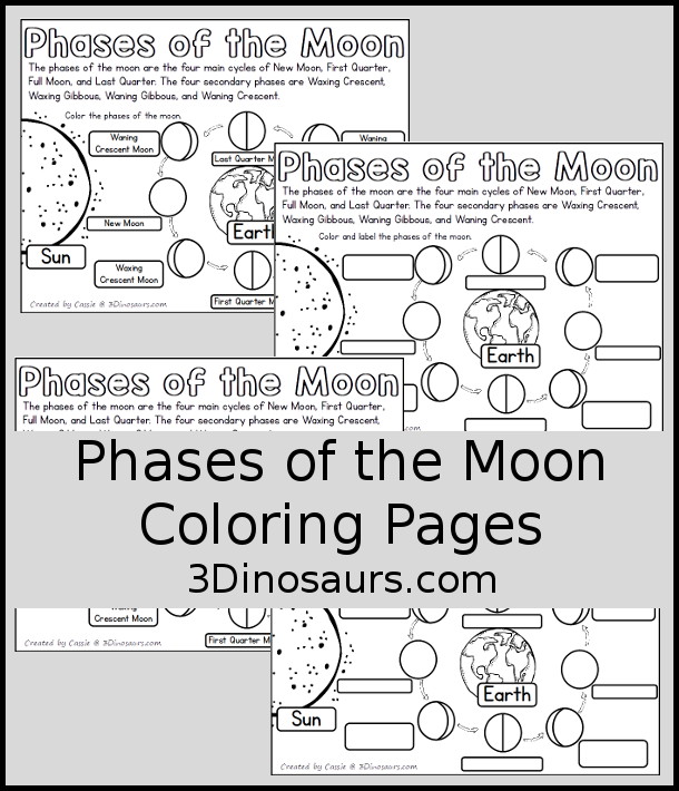 Free Phases of the Moon Coloring Page Printables - you have information at the top about the different phases of the moon. You have the Sun, Earth and 8 phases of the moon for kids to color. You can work on learning these phases in this simple coloring page. And it has Northern and Southern Hemisphere options - 3Dinosaurs.com