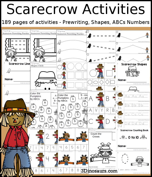 Scarecrow Activities Pack with Prewriting, Shapes, ABCs, and Numbers - 191 pages of Scarecrow activities with no-prep pages, clip cards and tracing strips to help with learning skills. A great addition to any Scarecrow activity or theme. - 3Dinosaurs.com