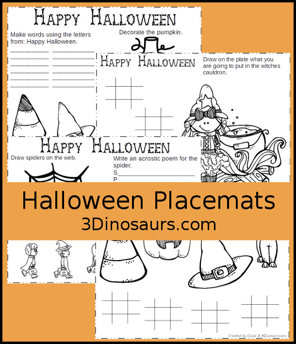 Free Halloween Themed Placemats Printables- 4 different placemats to pick from. They have coloring, writing and decorating - 3Dinosaurs.com