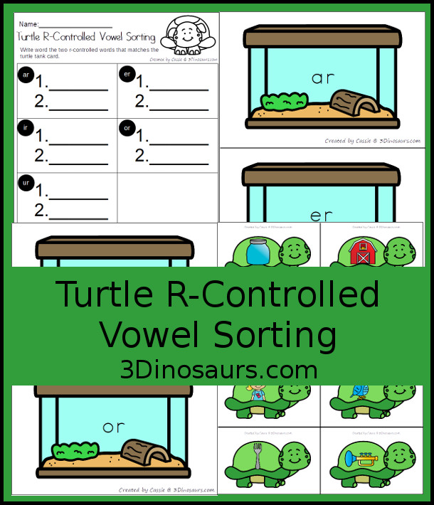 Free Turtle Themed R-Controlled Vowel Sorting - 5 sorting match with 2 turles and recording worksheet - 3Dinosaurs.com