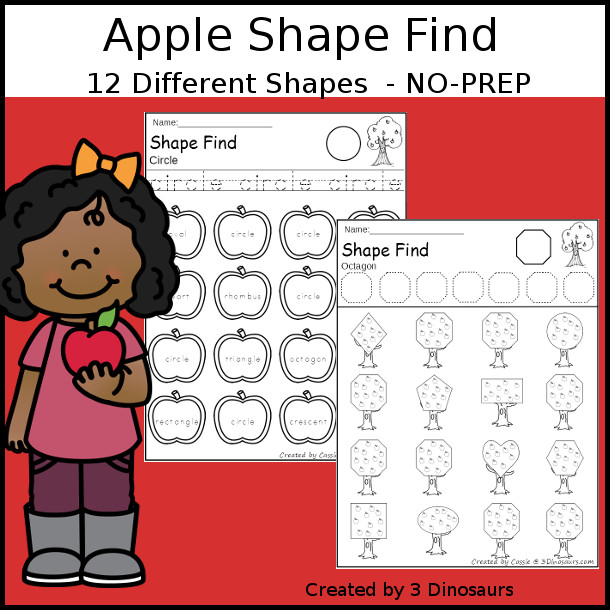 Apple Shape Find Printables with 11 shapes for kids in prek, kindergarten and first grade. You can trace the shapes and then find the shapes below with shape words and geometric shapes. You have 24 pages of printables - 3Dinosaurs.com