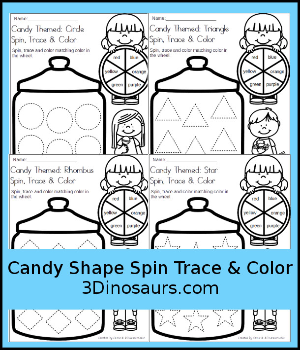 Free Candy Jar Spin, Trace & Color - 8 shapes for kids to learn with this easy no-prep printable - 3Dinosaurs.com #no-prep #shapes #colorforkids #freeprintables #kindergarten #prek