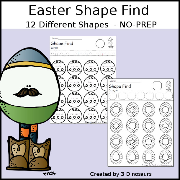 Easter Shape Find For Kids with 11 shapes for kids to trace and then find with shape word find and geometric shape find. Each is a great no-prep shape worksheet - 3Dinosaurs.com