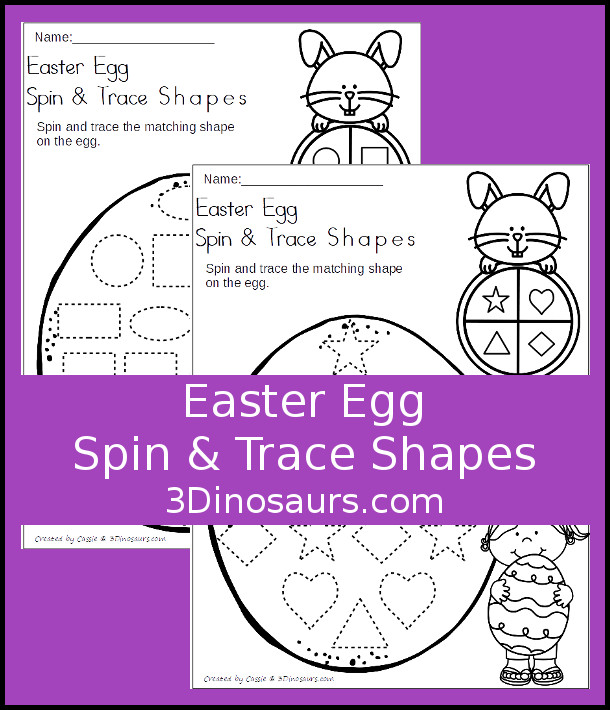 Free Easter Egg Spin & Trace Shapes - 2 pages of no-prep printables for kids to work on tracing shapes - 3Dinosaurs.com #freeprintable #shapesforkids #easterprintables