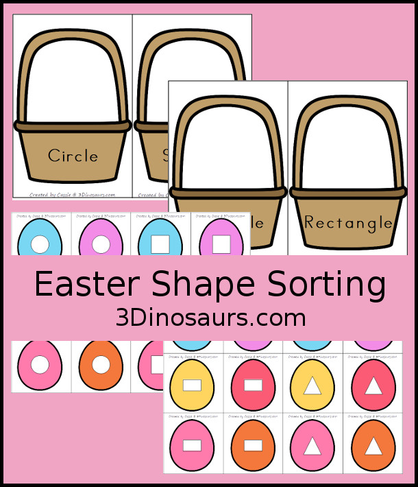 Free Easter Egg Shape Sorting Printable - with four shapes circle, square, triangle, and rectangle for kids to sort to the Easter baskets. - 3Dinosaurs.com