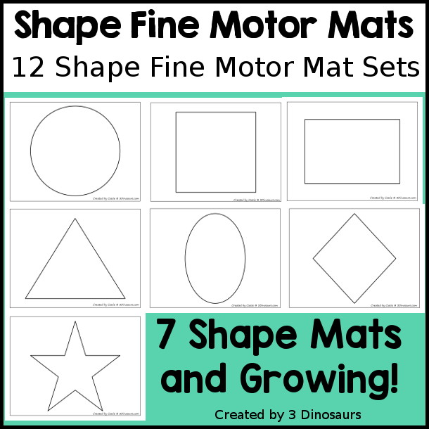 Shape Fine Motor Mats - a set of fine motor mats for 12 shapes. You have templates, tracing, playdough, dot marker and q-tip mats for each shape- 3Dinosaurs.com