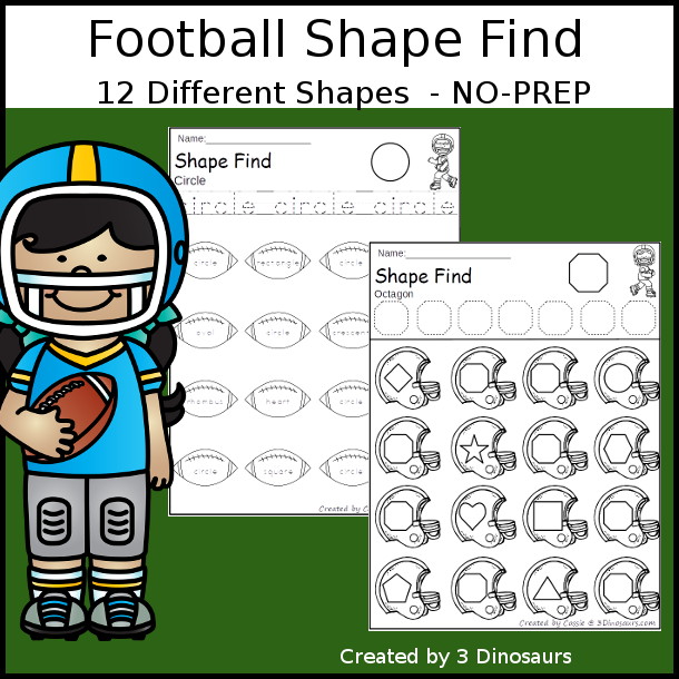 Football Shape Find Printable has 11 shape for kids to work on with shape word and geometric shapes for kids. A great shape printable for kids in preschool, prek and kindergarten.  3Dinosaurs.com