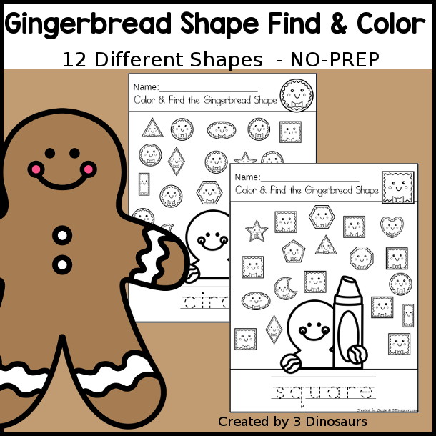 Gingerbread Color the Shape & Find the Shape Printable - has 12 shapes for kids to search and find the shape that matches the shape at the top and the shape word below that they can trace- 3Dinosaurs.com