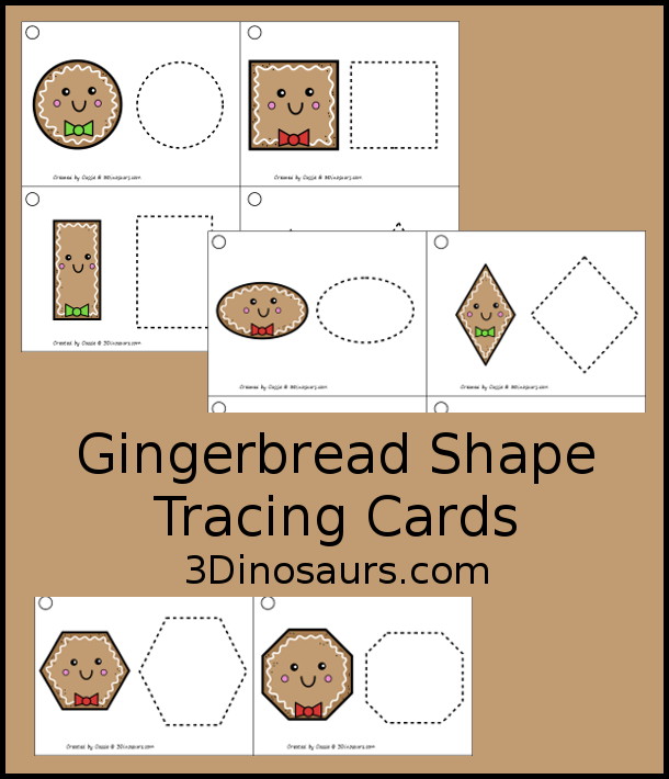 Free Gingerbread Shape Tracing Card Printable - has 12 shapes for kids to trace. You have a picture of the gingerbread man face with the shape and then a shape to trace.  3Dinosaurs.com