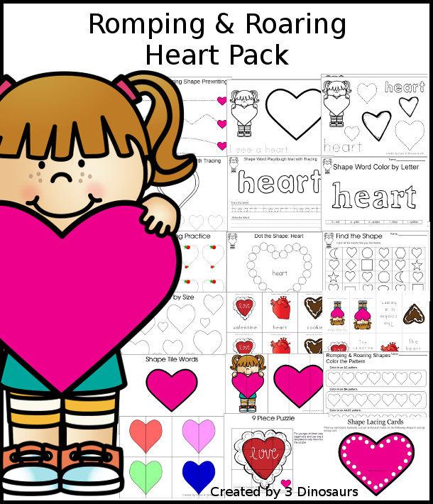 Romping & Roaring HeartPack - 10 pages of activities all with a Heart theme for kids. - 3Dinosaurs.com