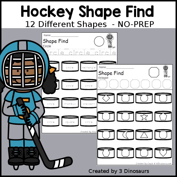 Hockey Shape Find Printable - has 11 shapes for you work on with kids. You have tracing the shape and finding the shape for shape words and geometric shapes. - 3Dinosaurs.com