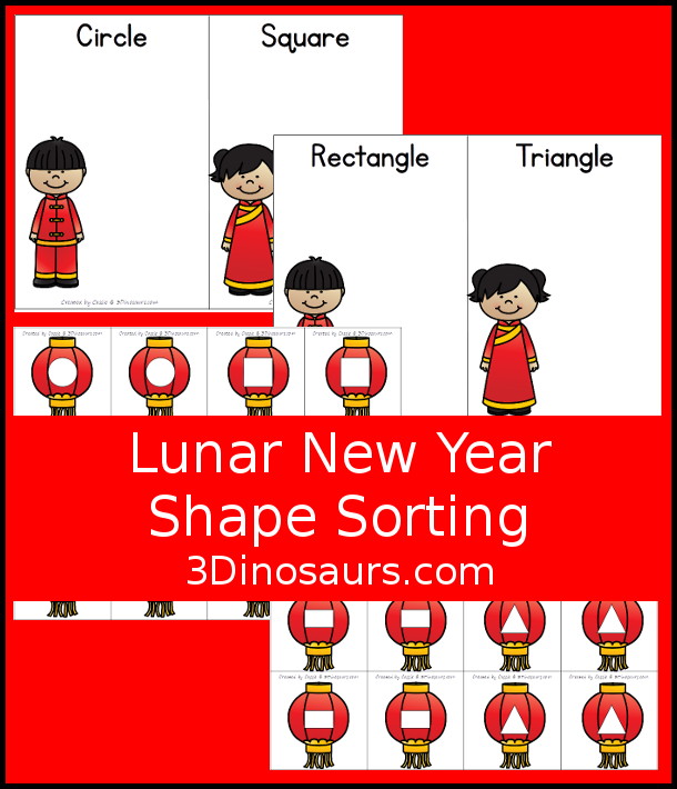 Free Lunar New Year Shape Sorting - has 4 sorting makes with 6 matching shapes for each sorting mat. You have four shapes: circle, square, triangle and rectangle. - 3Dinosaurs.com