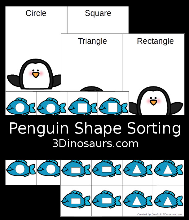 Penguin Shape Sorting Printable - with four shapes circle, square, triangle, and rectangle for kids to sort to the penguins. - 3Dinosaurs.com