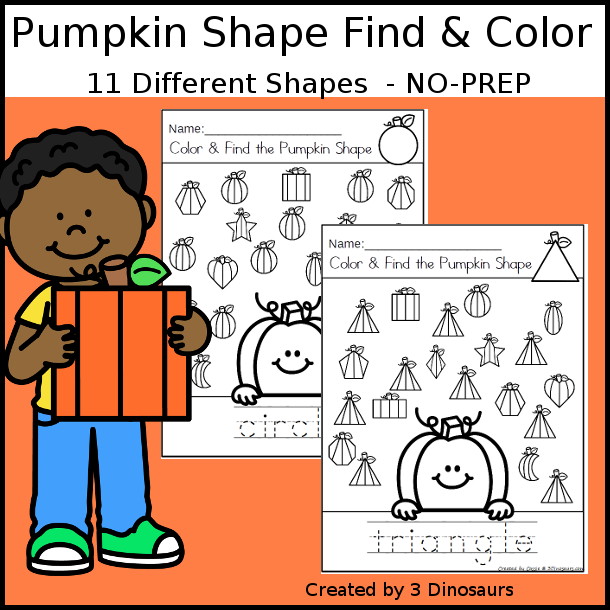 Pumpkin Color the Shape & Find the Shape - you have 12 shapes for kids to learn about A fun way to work on shapes and shape words. A great kindergarten and prek worksheet for shapes - 3Dinosaurs.com