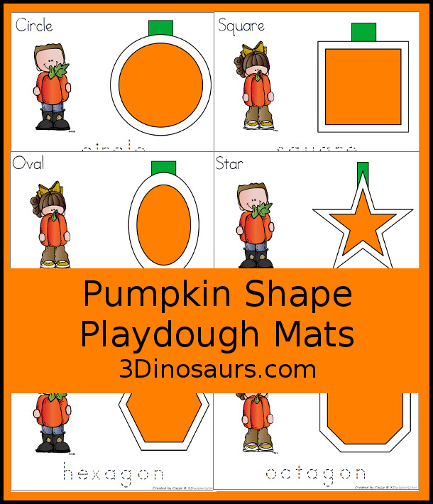 Free Pumpkin Shape Playdough Mats - 12 shapes for kids to make the playdough shape and then trace the shape word - 3Dinosaurs.com