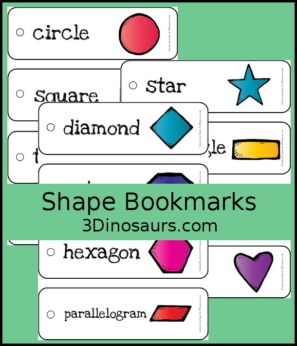 Free Shape Bookmarks - 12 different shapes on each bookmark. You have shape and shape word on each bookmark. There are four bookmarks on each page. 3Dinosaurs.com