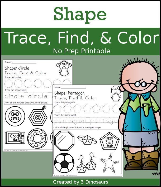 Shape Trace, Find & Color with the following shapes: circle, square, rectangle, oval, triangle, rhombus, diamond, heart, crescent, star, pentagon, hexagon, octagon - tracing of shape and shape word $ - 3Dinosaurs.com