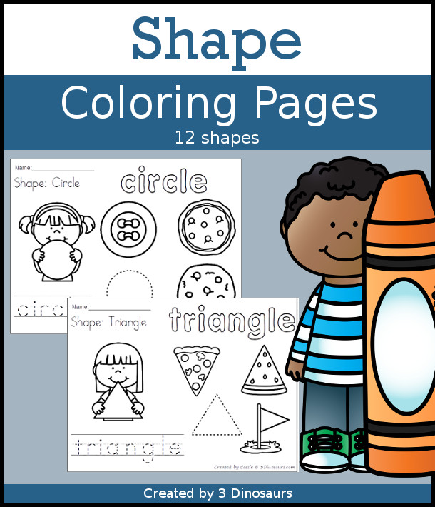 Shape Coloring pages with 12 shapes for kids to learn in an easy no-prep printable with tracing, coloring of the shape and shape words - 3Dinosaurs.com