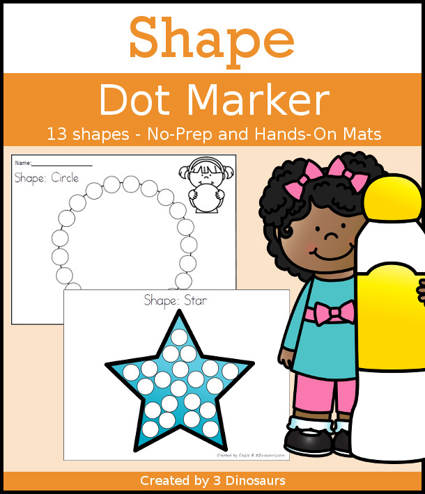 Shape Dot Marker Printables - 14 shapes for kids to have fun with dot markers or hands-on covering in two options for each shape - 3Dinosaurs.com