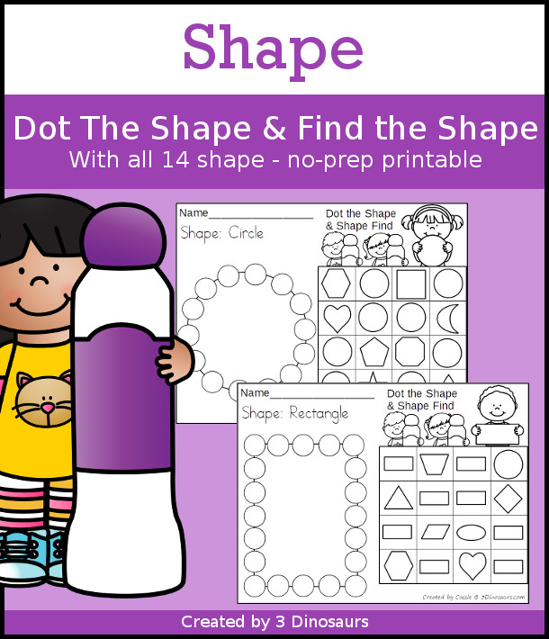 Shapes: Dot Shape & Find the Shape Printable - a simple shape worksheet where kids dot the shape and then find the shapes in the boxes. A simple worksheet for shapes for kids in kindergarten and prek. - 3Dinosaurs.com