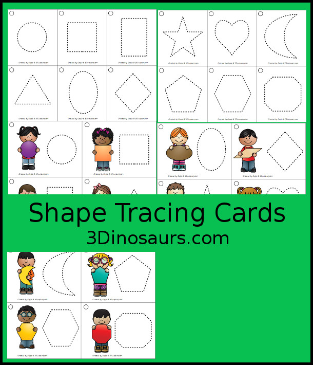 Free Shape Tracing Cards with 12 shapes with tracing only and tracing with picture. You can color, place objects on or playdough - 3Dinosaurs.com  #3dinosaurs #kindergarten #prek #shapes #freeprintable