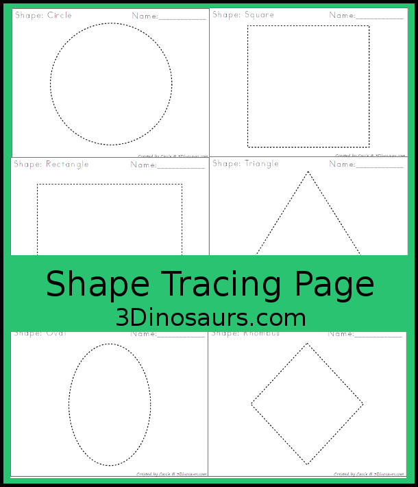 Free Shape Tracing pages with 12 shapes that are large and fun to trace, color, place objects on or playdough - 3Dinosaurs.com  #3dinosaurs #kindergarten #prek #shapes #freeprintable