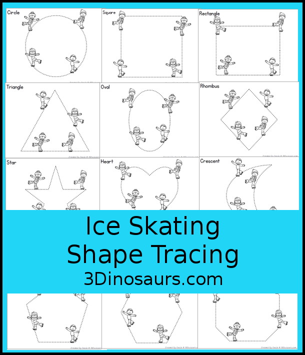 Free Ice Skating Shape Tracing Printable - 12 shape tracing pages with kids ice skating around the shape. A fun way to work on shapes with kids during winter. You have one shape on each page. - 3Dinosaurs.com