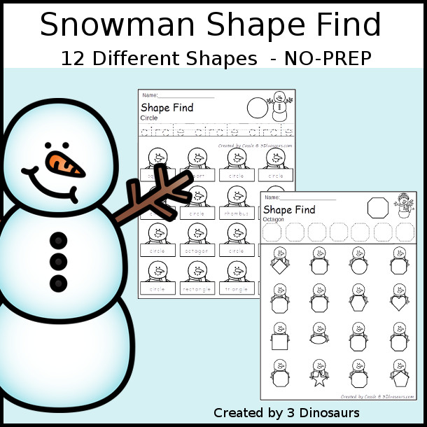 Snowman Shape Find Printable with Geometric Shapes & Shape Words with 12 shape for kids to learn about with tracing and finding the shapes. With two types of shape find printables - 3Dinosaurs.com