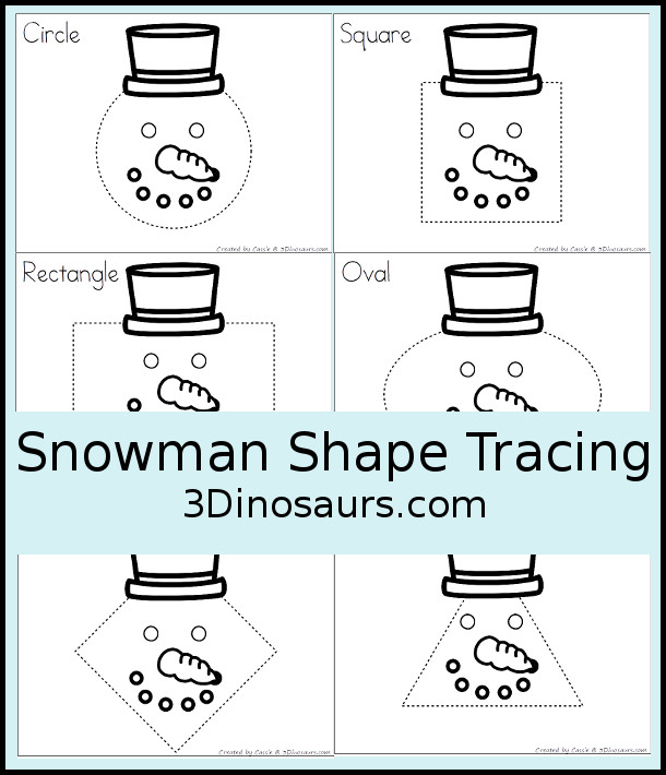 Free Snowman Shape Tracing Printable with 9 shapes for kids to trace with a winter snowman theme. Each shape is on its own page - 3Dinosaurs.com
